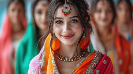 A group of Indian women wearing vibrant traditional dresses with intricate jewelry, portray cultural beauty and unity. Focus on a young woman with a confident smile.の素材