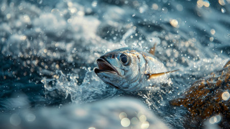 Close-up image capturing a stunning view of a tuna breaking through ocean waters, symbolizing marine wildlife and environmental conservation.の素材