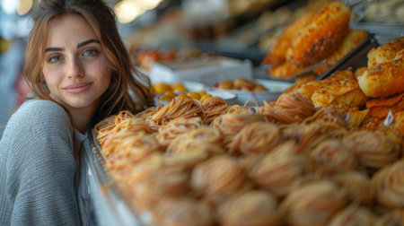 A cheerful young woman smiles while sitting near an array of traditional baked goods at a food shop, capturing a feel of local cuisine and freshness.の素材