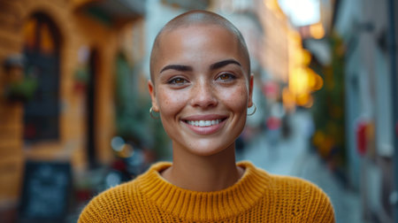 A portrait of a cheerful young bald woman smiling confidently in a lively urban street, wearing a vibrant yellow sweater.の素材