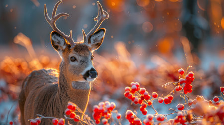 Stunning capture of a dominant roe deer, Capreolus capreolus, standing proudly among vibrant red berries. Golden hour lighting highlights the frost and delicate details of the scene.の素材