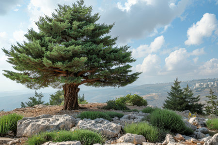 A stunning Cedar of Lebanon tree stands proudly against a cloudy blue sky on a rocky hillside, showcasing nature's grandeur.の素材