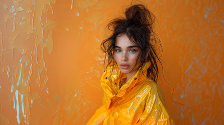 An artistic portrait of a beautiful young woman, dressed in a shiny yellow raincoat, set against a vibrant orange background with abstract elements.の素材