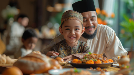 A heartwarming moment captured between a Muslim father and his young son, both in traditional attire, enjoying a festive meal together.の素材