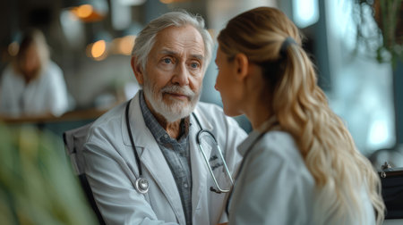 Compassionate senior male doctor listens attentively to a female patient in a well-lit, contemporary medical office.の素材