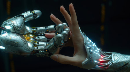 A human hand intimately touches a highly detailed robotic hand in a dark, technology-focused environment. Signifies advanced robotics and human-robot interaction.の素材