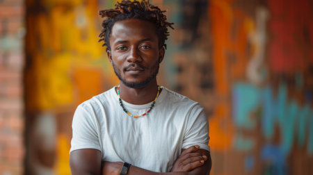 A compelling portrait of a young African man, dressed casually in a white shirt, displaying confidence and calm against a vibrant, colorful urban backdrop.の素材