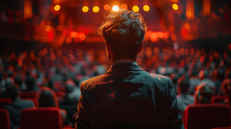 Back view of a man in an auditorium asking a question. The image captures engagement and interest during a conference presentation, with bokeh lights adding depth.の素材