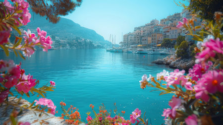 A stunning high-resolution image of Saranda port during spring, showcasing vibrant pink flowers in the foreground and the serene blue sea.の素材