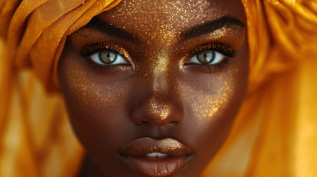 Striking close-up portrait of an African woman adorned with golden makeup and a vibrant headscarf, exuding elegance and beauty.の素材