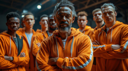 Interracial basketball team in matching orange athletic wear, standing with a sense of unity and determination in a gym setting.の素材