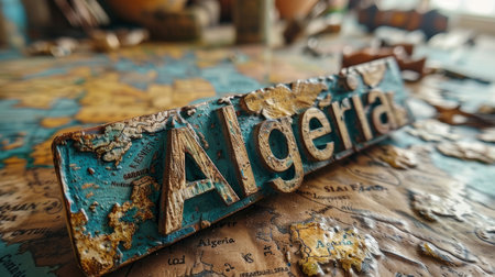 This image captures a close-up view of a rustic, textured 'Algeria' sign placed on a detailed world map, highlighting artistic and travel themes.の素材