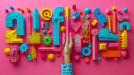 A contemporary art collage featuring a female hand pointing at eclectic, colorful, 3D symbols on a vivid pink background.の素材