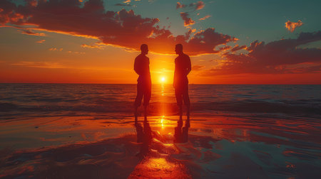Two silhouetted men engaged in conversation on a beach at sunset. The sky is vibrant with colors and clouds as the sun descends into the ocean.の素材