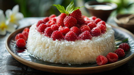Close-up of a stunning raspberry dessert topped with fresh raspberries and mint, served on a stylish plate, drizzled with syrup. Ideal for culinary presentations and gourmet dishes.の素材