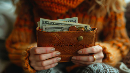 Detailed image capturing a woman's hands as she holds a leather wallet with various denominations of bills and coins, reflecting themes of finance and savings.の素材