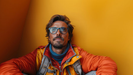 A powerful portrait of a man styled as a modern superhero, gazing upwards with determination. He features a rugged beard, stylish glasses, and a colorful, layered outfit.の素材