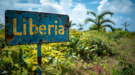A weathered and rusty metal signboard displaying 'Liberia' stands among vibrant tropical foliage under a clear blue sky, evoking a sense of exploration and natural beauty.の素材