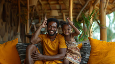 A joyful African father and his little daughter with smiling faces, playfully posing on a vibrant yellow couch in a cozy, tropical setting.の素材