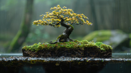 Captivating close-up of a blooming bonsai tree on a moss-covered base, enveloped by the serene ambiance of a misty, rainy backdrop.の素材
