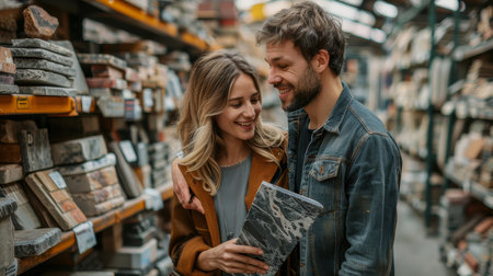 A young couple browses through a selection of granite tiles at a hardware store, sharing a moment of joy and decision-making.の素材