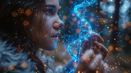 A close-up view of a woman as she gently touches a shimmering blue DNA helix, surrounded by a mystical, sparkling environment.の素材