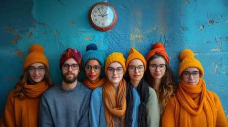 A group of seven friends in vibrant winter hats and scarves against a distressed blue wall, showcasing fashion and camaraderie.の素材