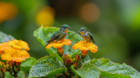 A pair of White-tailed Hillstar hummingbirds rest on vibrant orange flowers, their feathers glistening with raindrops in a serene garden setting.の素材