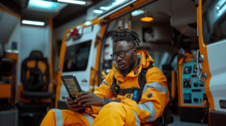 A professional African American EMS paramedic is focused on a tablet while sitting inside a well-equipped ambulance, representing dedication and healthcare excellence.の素材