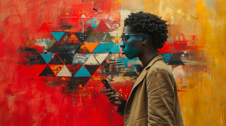 A young African American man in stylish attire stands before a vibrant, abstract art wall, radiating modern urban vibes.の素材