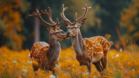 Two red deer, Cervus elaphus, affectionately touching antlers in a vibrant yellow flower meadow, displaying bonding and natural beauty.の素材