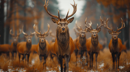 A stunning image capturing a dominant red deer stag in focus, with a herd of deer standing amidst an autumn forest, surrounded by a mystical mist.の素材