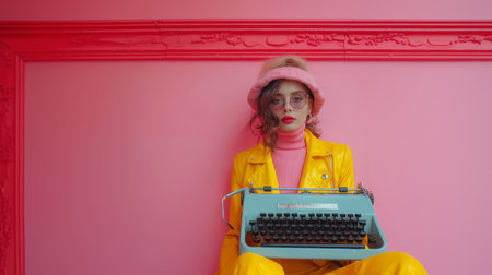 Fashion-forward young woman dressed in a vivid yellow raincoat, using a vintage typewriter, set against a striking pink wall. A vibrant expression of creativity and style.の素材