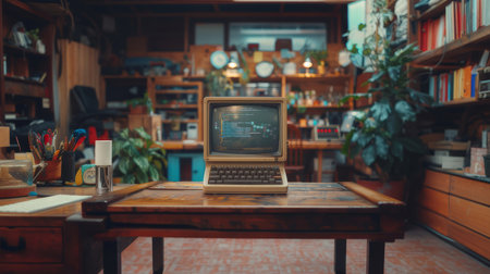A close-up view of an old desktop computer, active and displaying code, set in a warmly lit, cluttered home office surrounded by books and personal items.の素材