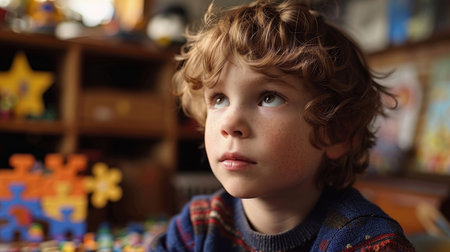 A thoughtful young boy with curly hair looks away, surrounded by toys and puzzles in a vibrant playroom.の素材