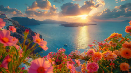 Capture a breathtaking morning on Santorini Island with vibrant flowers foregrounding a sparkling sea and rising sun.の素材
