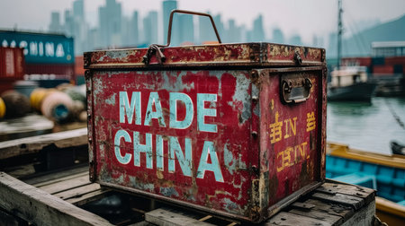 A weathered red metal box with 'Made in China' text prominently displayed, resting on a wooden dock overlooking an urban harbor area.の素材