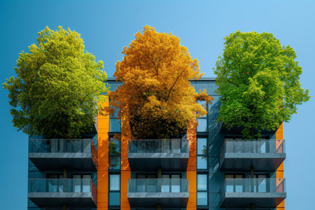 This image showcases a modern apartment building characterized by a striking orange facade and balconies, flanked by lush, full green trees under a clear blue sky.の素材