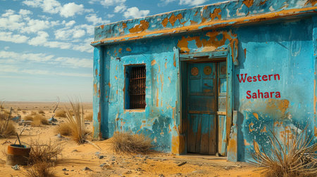 An evocative scene of an old blue building with peeling paint situated in the arid desert landscape of Western Sahara under a clear blue sky.の素材