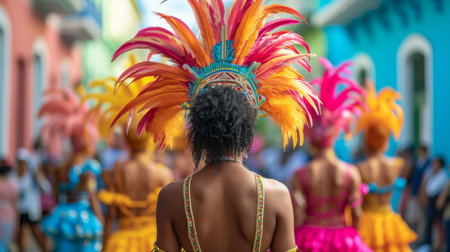 Back view of a Carnaval parade participant wearing a stunning feathered headdress amidst a lively and colorful street celebration.の素材
