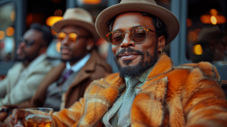 Group of well-dressed men exuding retro style and confidence, enjoying a relaxed gathering at a sidewalk cafe, showcasing friendship and urban fashion.の素材