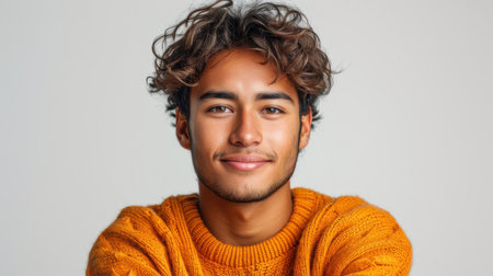 Portrait of a young Indian man wearing a vibrant orange sweater, exuding warmth and friendliness with a charming smile, against a soft neutral backdrop.の素材