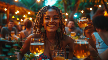 A vibrant backyard dinner gathering featuring a multi-ethnic group of friends, enjoying drinks and a warm, festive atmosphere under twinkling string lights.の素材