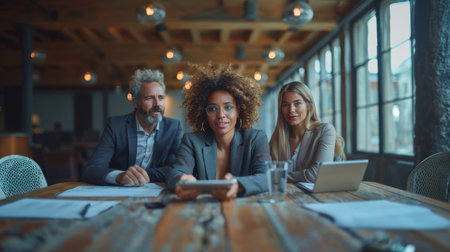 A focused, diverse team of professionals collaborates in an office conference room, reviewing documents and discussing strategies with an urban backdrop.の素材