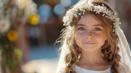 A delightful portrait of a young girl with curly hair, adorned in a white floral dress and a wreath, smiling warmly in a sunny, decorative setting.の素材