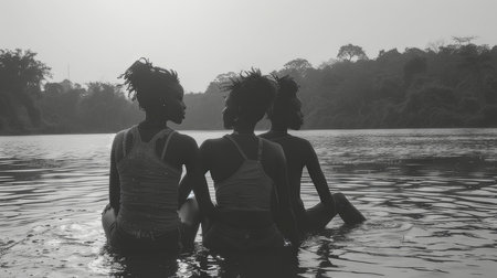 An evocative image capturing three women sitting in a river, their silhouettes set against a dimming sky, reflecting tranquility and a deep connection.の素材
