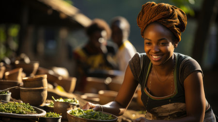 Radiant African woman joyfully preparing traditional meals outdoors, surrounded by handcrafted pottery and a bustling village backdrop.の素材