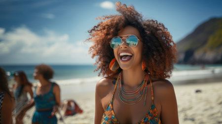 Joyful African woman in a swimsuit and sunglasses with curly hair laughing on a sunny beach day, surrounded by friends and scenic ocean backdrop.の素材