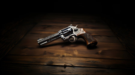 This image showcases a 357 Magnum revolver with intricate engravings resting on a dark wooden table, emphasizing its sophistication and craftsmanship.の素材