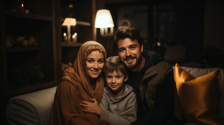 Smiling Arabic family of three sitting together on a couch in a warmly lit living room, showcasing love and togetherness.の素材
